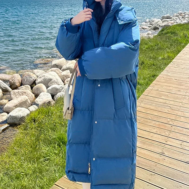 EVNISI Women Casual Thicken Warm Hooded Long Coat Long Sleeve Down Coat Zipper Pocket Parkas Women Office Coat Autumn Winter