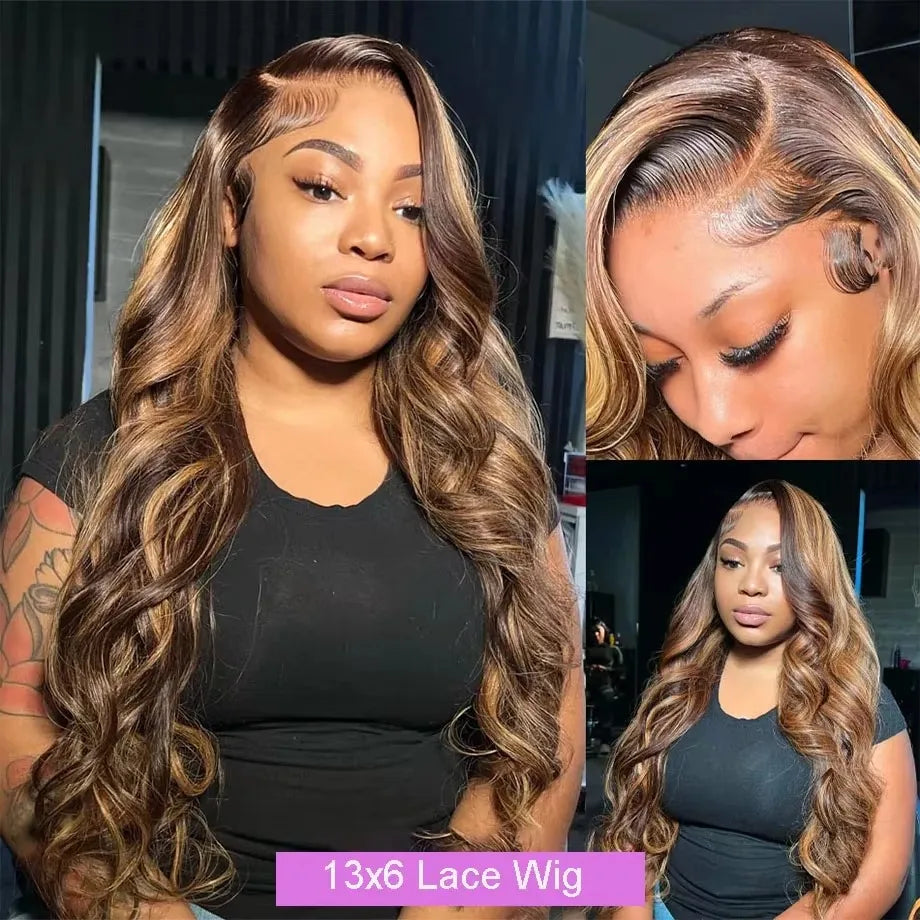 high density Ombre brown Highlight 30 32 40 inch13x6 Hd Lace Frontal Wig Blonde 5x5 closure Body Wave 13x4 Front Human Hair Wigs
