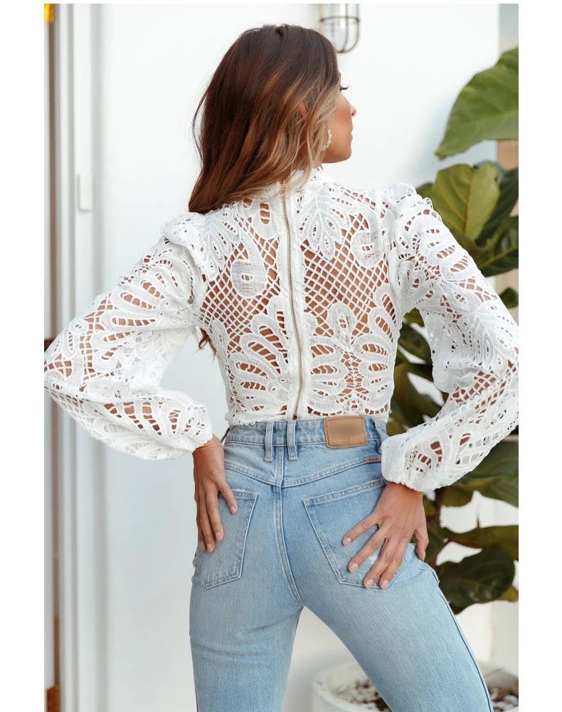 Sexy Long Sleeve White Lace Shirts Women Blouses Casual Crochet Hollow Out Elegant Tops Cropped Turtleneck Blusas 16296