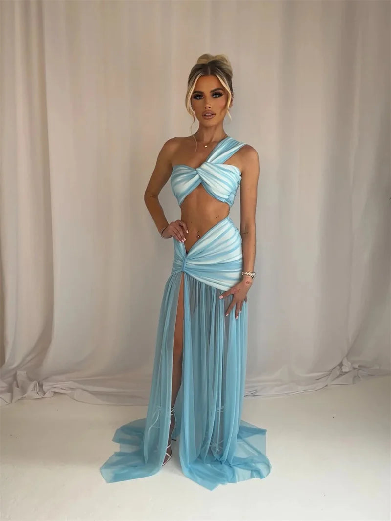 Mozision Summer Sexy Skirt Two Piece Sets Women One Shoulder Crop Top And Maxi Skirt Female Elegant Beach Club Party 2 Piece Set
