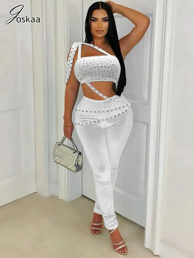 Joskaa Women Velvet 2 Piece Sets Sexy Diamonds Wrap Chest Tank Tops and Pencil Pants Match Winter Party Club Outfits Streetwear
