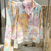 Pink Cartoon Print Pajamas Set Women Soft Sleepwear Cotton Shirt Pant Long Sleeve Autumn Home Clothing Christmas Party Gift