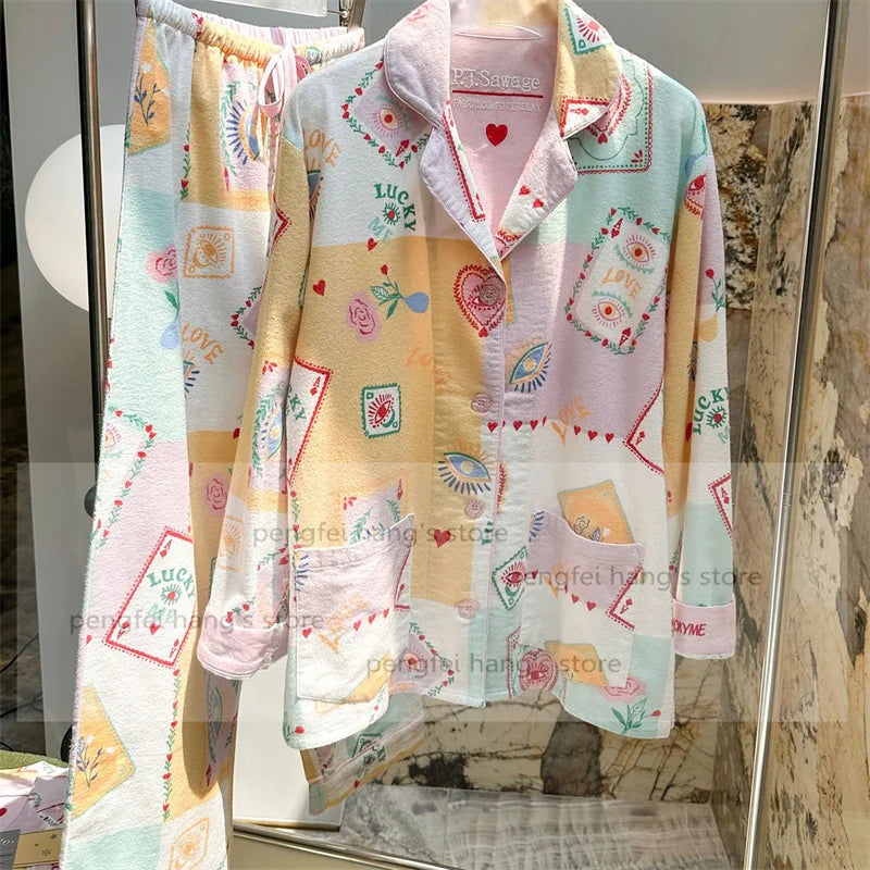 Pink Cartoon Print Pajamas Set Women Soft Sleepwear Cotton Shirt Pant Long Sleeve Autumn Home Clothing Christmas Party Gift
