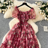 Elegant Slash Neck Vintage Short Puff Sleeve Chic Print Slim Chiffon Dresses French High Street Evening Autumn Mesh Clothing