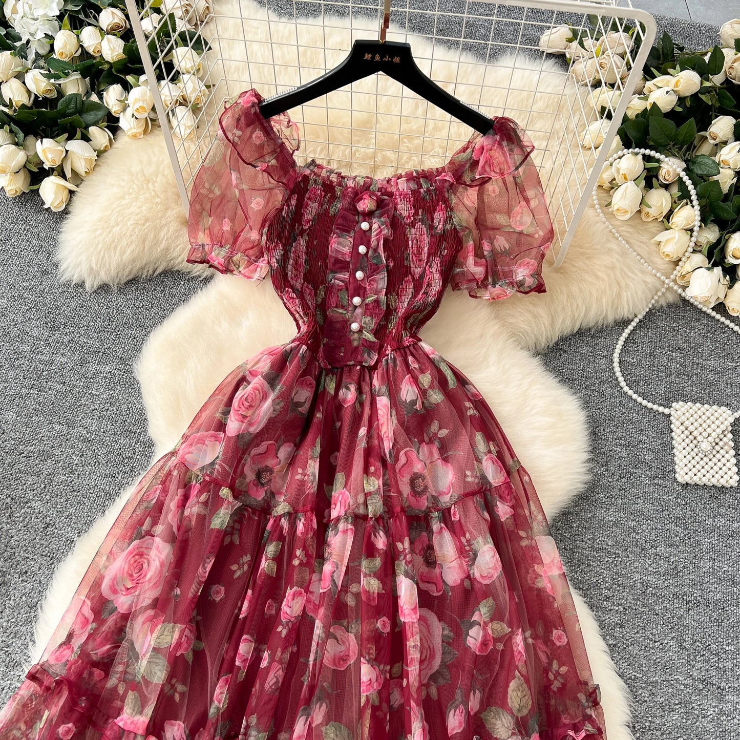 Elegant Slash Neck Vintage Short Puff Sleeve Chic Print Slim Chiffon Dresses French High Street Evening Autumn Mesh Clothing