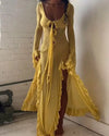 Summer slim-fitting see-through sexy hot girl dress elegant solid color V-neck strappy long sleeves ruffled slit long skirt