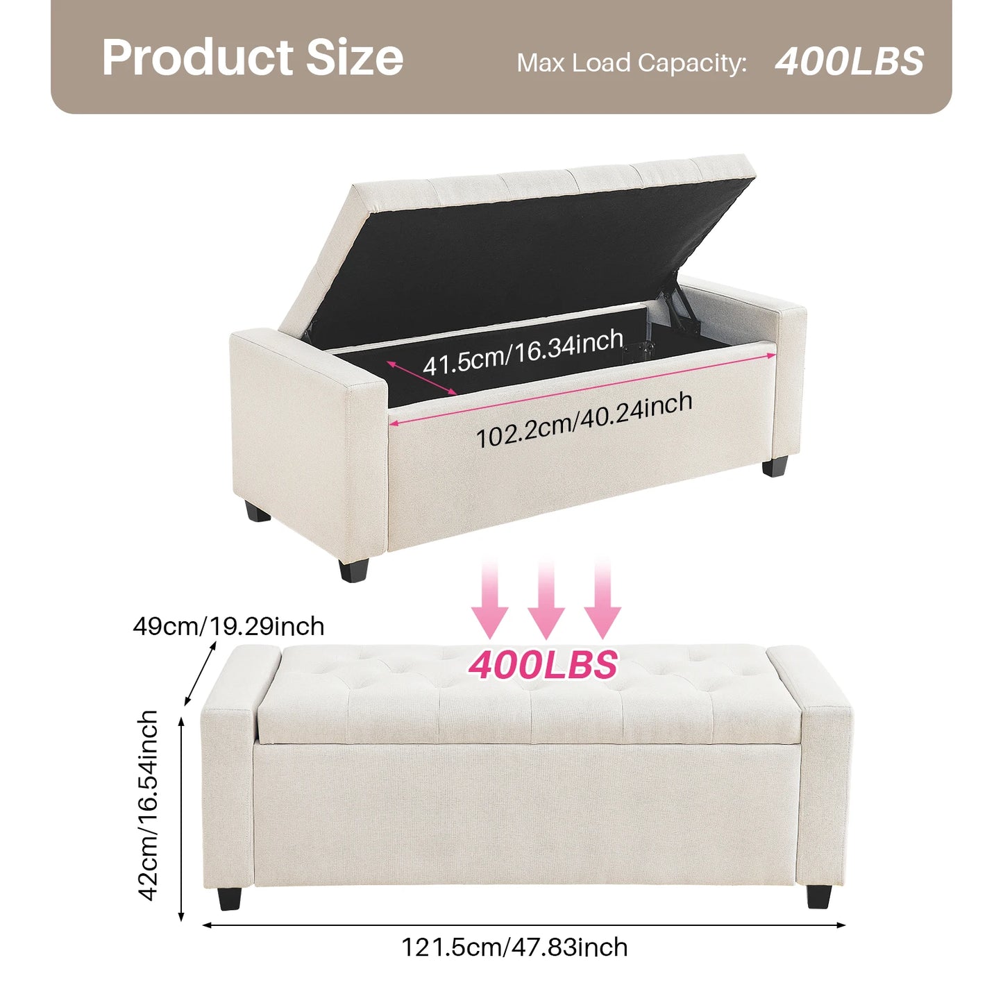 Redlife 47.8'' Storage Ottoman, Folding Storage Bench Footrest Stool w/ Flipping Lid Safe Hinge for Living Room Bedroom Entryway