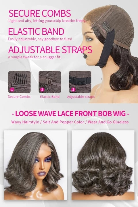 Salt and Pepper Loose Wave Lace Front Bob Wig Human Hair Side Part  5x5 HD Closure Lace Wig Ready To for Black Women