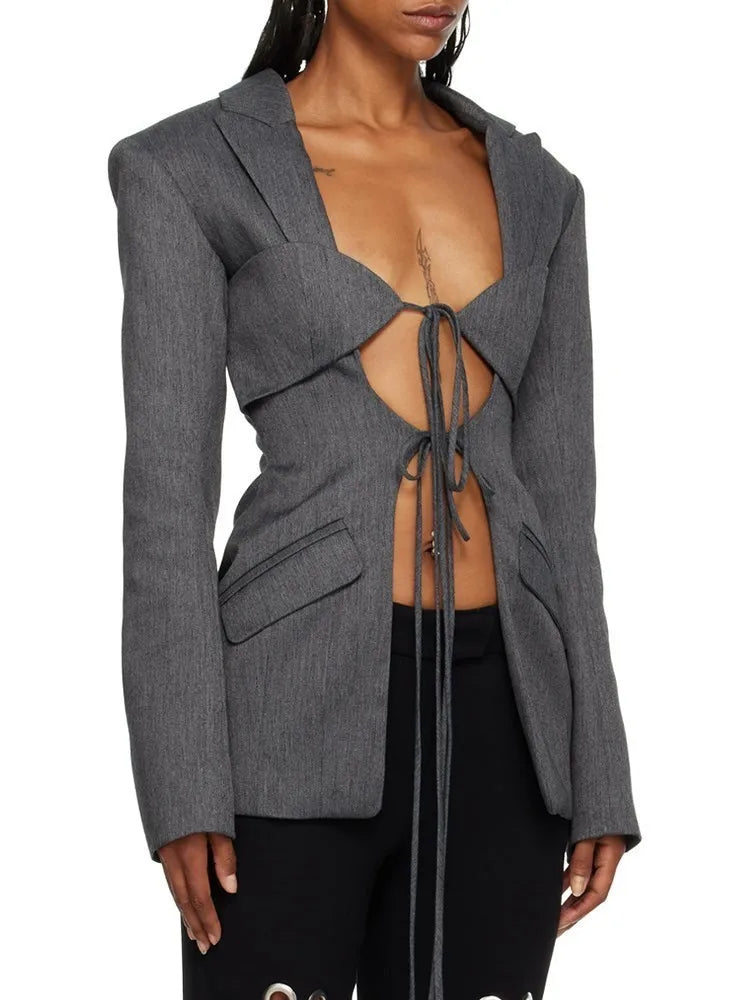 TWOTWINSTYLE Patchwork Lace Up Hollow Out Blazer For Women Notched Collar Long Sleeve Tunic Designer Blazers Female Fashion New