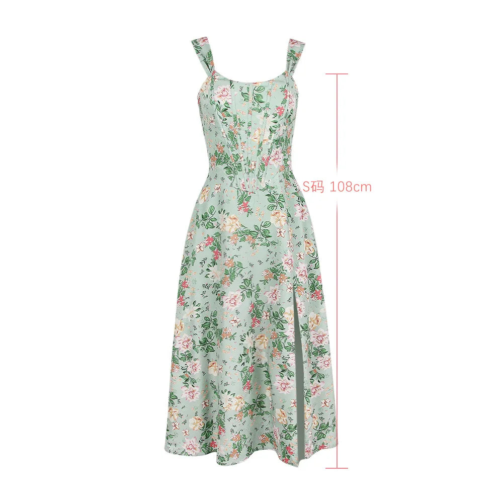 Suninheart Summer Pink Floral Print Corset Dress Midi Elegant Sexy Party Dresses Holiday Birthday Casual A Line Women Clothing