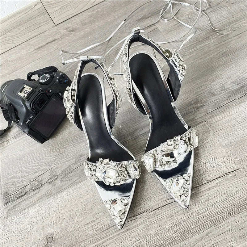 2024 Luxury Rhinestone Pointed Sandals Prom Super High Heel Sandals Slim Heel Dress Show Sandals Oversized 34-43 Women's Shoes