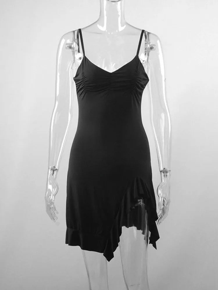 Sexy Summer Mini Dress Women New Black Fashion Streetwear Sleeveless Backless Folds Split Dress Elegant Party Strap A-LINE Dress