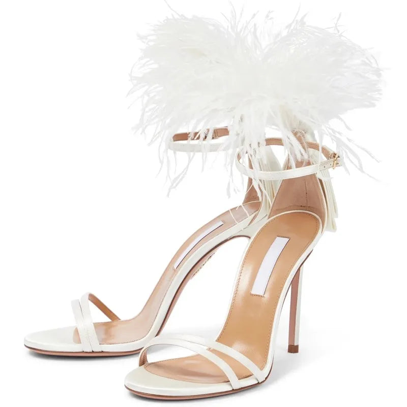 Summer new feather flower silk ribbon sexy open-toe sandals thin high-heeled banquet dress fashionable large-size women's shoes