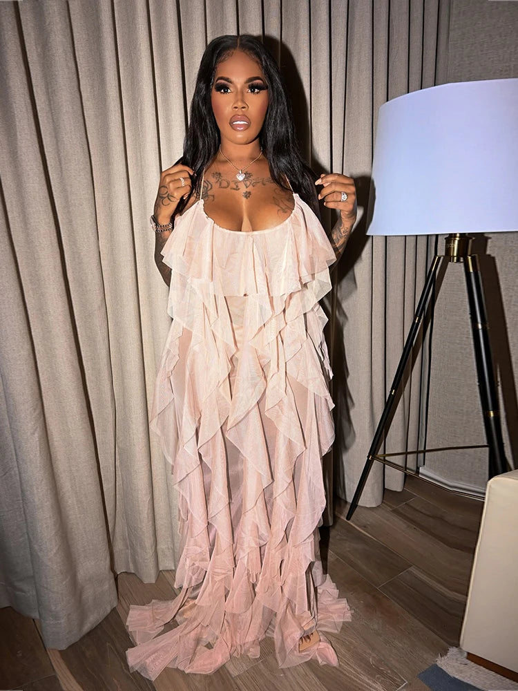 Chic and Elegant Summer Dress Women Halter Sexy Birthday Dress Transparent Mesh Backless Maxi Dress Wholesale Dropshipping