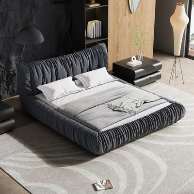 King Size Upholstered Platform Bed with Oversized Padded Backrest Headboard, Luxury Soft Cloud Bed Frame for Bedroom