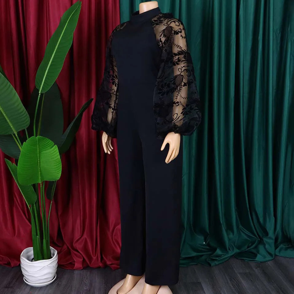 Elegant Jumpsuits & Rompers for Women O Neck Full Sleeve Belt Waisted Straight African Birthday Party Dinner Overalls Clothes OL