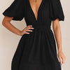 Women Summer Casual A-line Dress Solid Color Deep V-Neck Short Puff Sleeve Mini Dress Fashion Party Short Dress