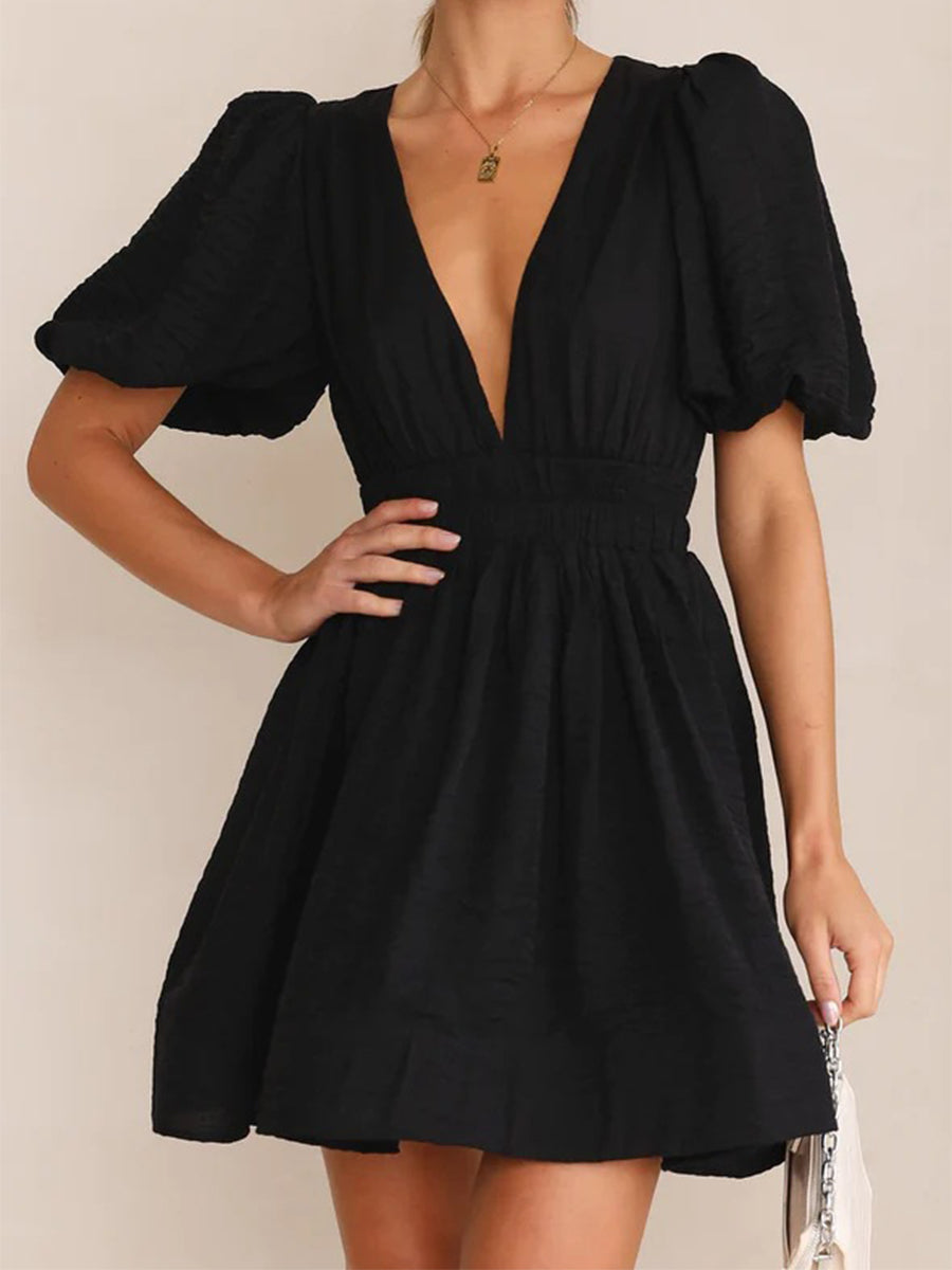 Women Summer Casual A-line Dress Solid Color Deep V-Neck Short Puff Sleeve Mini Dress Fashion Party Short Dress