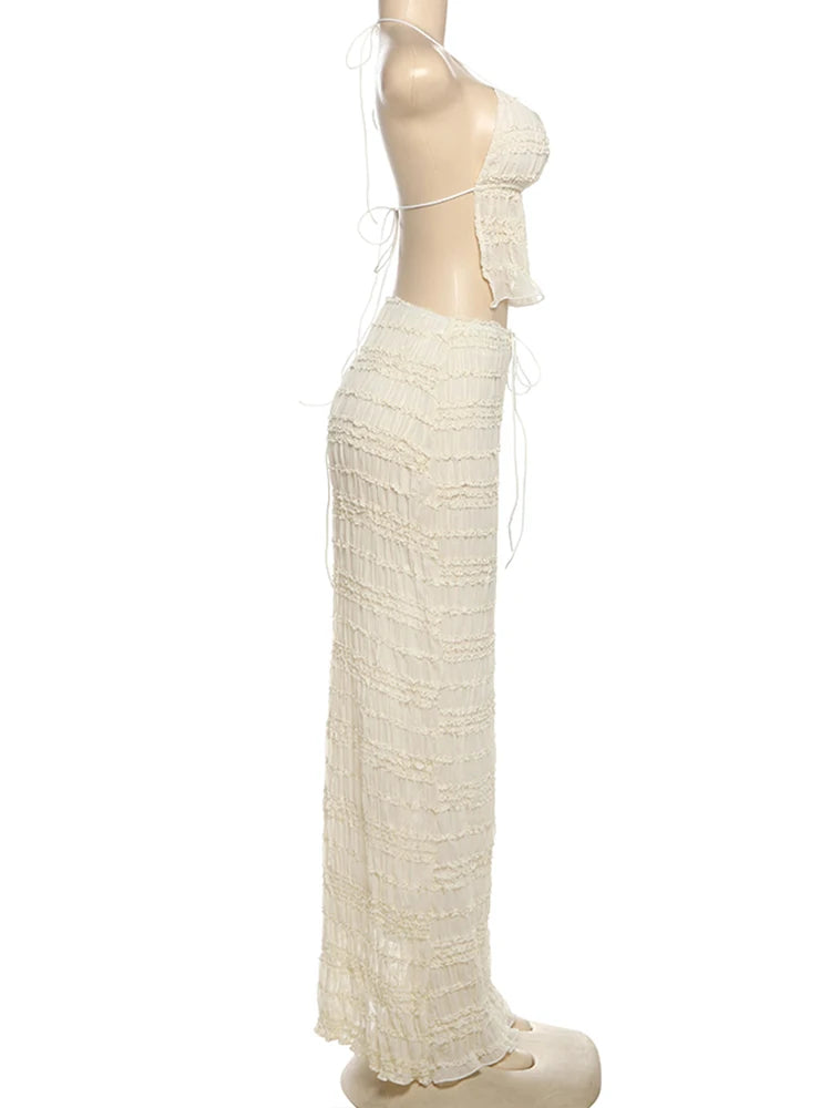 Weird Puss Mesh Backless 2 Piece Set Women Halter Lace-Up See Through Crop Tops+Loose Elegant Long Skirts Vacation Trend Outfits