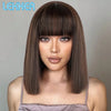 Lekker Chocolate Brown Short Straight Bob 100% Human Hair Wig With Bangs For Women Brazilian Remy Hair Top Lace Glueless Bob Wig