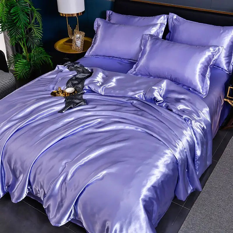Nordic Satin Silk Bedding Set with Duvet Cover Bed Sheet Pillowcases Luxury Solid Single Double Couple Pillow Case Bedsheet