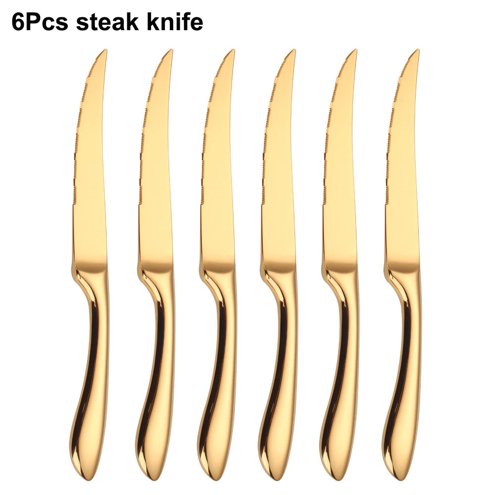 6/16/20/24Pcs Gold Tableware Stainless Steel 304 Cutlery Set Western Dinner Set Mirror Knife Fork Spoon Smooth Handle Flatware