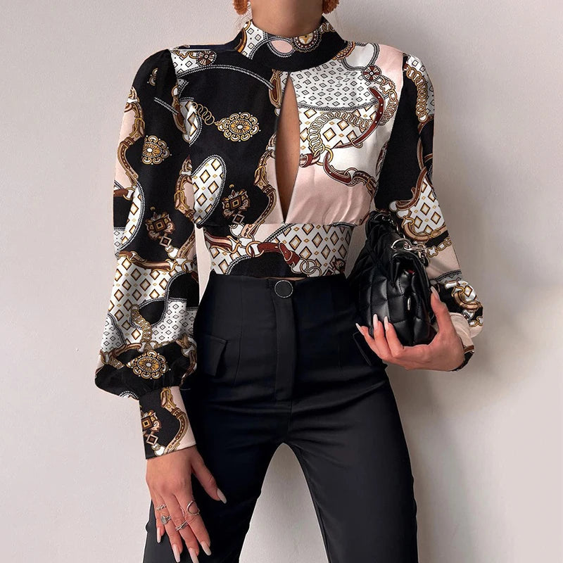 Spring Women Sexy Backless Hollow Print Shirts Tops 2024 Casual Stand Long Sleeve Office Lady Blouses Fashion Party Crop Top