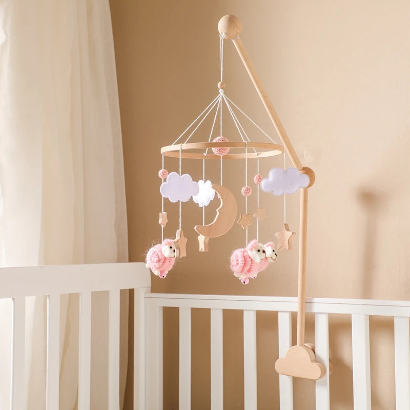 Baby Crib Mobile Bed Bell Rattle Toys Wooden Crochet Stars Pendant Bed Bell Toys Newborn Comfort Crib Bracket Hanging Toys Gifts