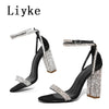 Liyke Sexy Crystal Ankle Strap Sandals Women Elegant Party Wedding Rhinestone High Heels Summer Open Toe Ladies Dress Shoes Gold