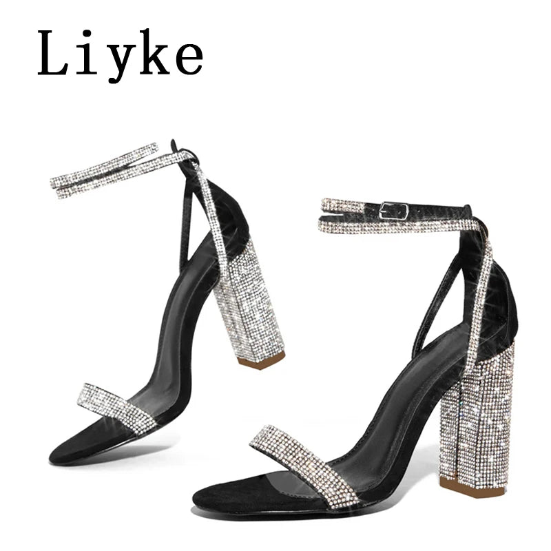 Liyke Sexy Crystal Ankle Strap Sandals Women Elegant Party Wedding Rhinestone High Heels Summer Open Toe Ladies Dress Shoes Gold