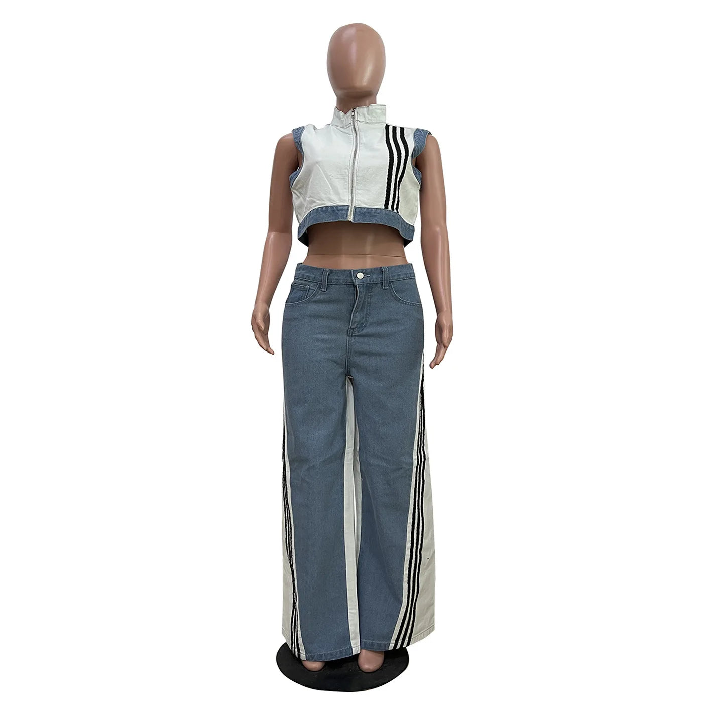 2 Pieces Women's Sets 2025 Spring Summer Denim Sleeveless Suit Tops And Wide Leg Pants Suits Two Piece Set Tracksuit Outfit