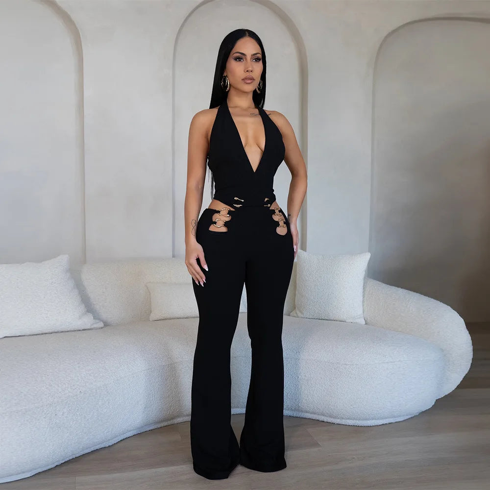 CM.YAYA Women V-Neck Backless Straight Sleeveless Flare Jumpsuits 2025 Summer Hollow Out Sexy One Piece Set Streetwear Outfits