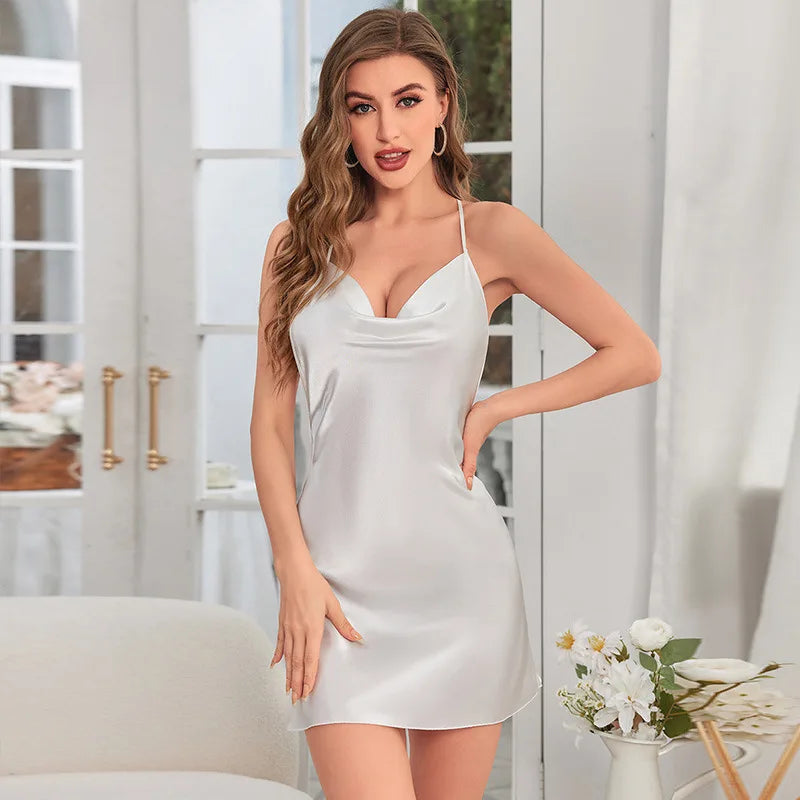 Fashion Solid Color V-neck Home Nightgown Women's Backless Cross Suspender Skirt Butterfly Decoration Simulation Silk Thin Dress