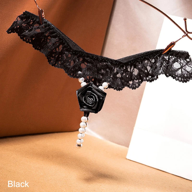 New Pearls Rose Embellishment Thong Embroidery Panries Women's Sexy Ultra-thin G-string Low-waist Beaded Temptation Underwear