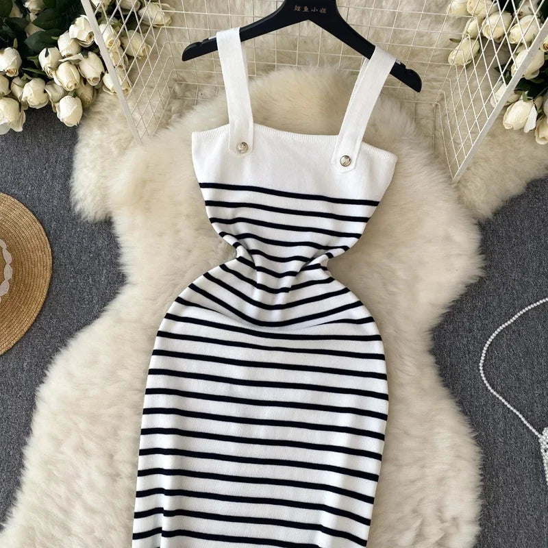 Striple 2024 Sexy Summer Knit Strap Dress Women Tank Elatic Waist Bodycon Sundress Female Beach  Backless Midi Dress