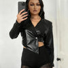 Sisterlinda Faux Leather Single Button Crop Jacket Women Autumn Trend Cross Neck Full Sleeve Wild Style Classic Streetwear Coat