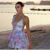 Women Tie-dye 3d Flower Deep V Neck Flare Sleeve Mini Dresses Fashion Slim Printed Multiple Pleat Vestidos New Lady Holiday Wear