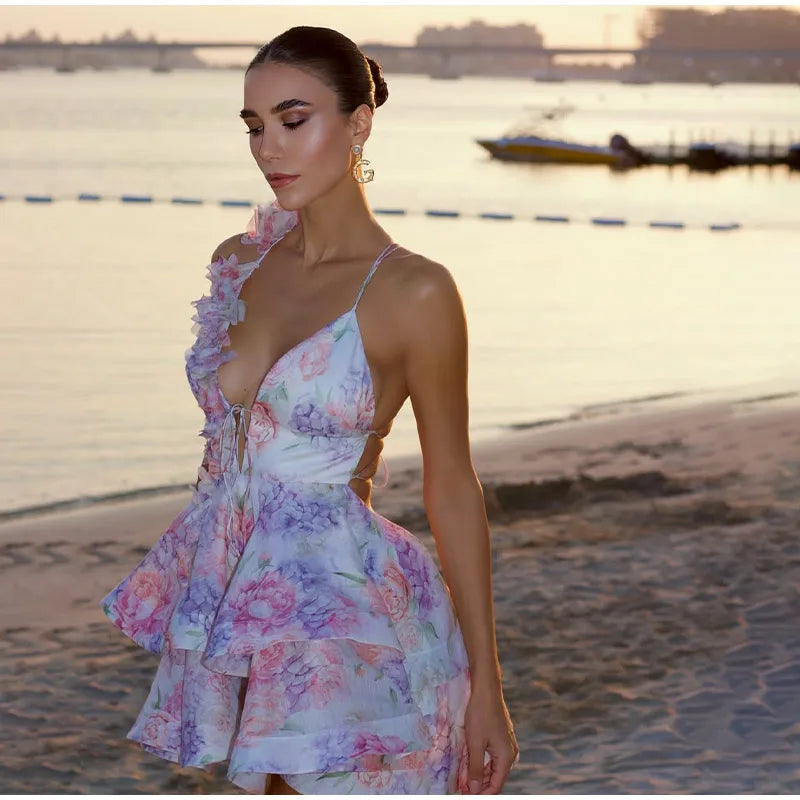 Women Tie-dye 3d Flower Deep V Neck Flare Sleeve Mini Dresses Fashion Slim Printed Multiple Pleat Vestidos New Lady Holiday Wear