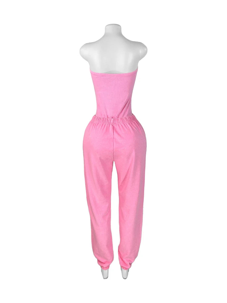 Sexy Tracksuit Cotton Washed Strapless Bodysuit and Jogger Pants Set 2025 Trendy Women Clothes Jogging Suit 2 pcs Two Piece Sets