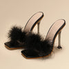 Women Rabbit White Fur Clear PVC Slippers Square Toe Stilettos Slides Transparent Crystal High Heels Sandals Mules Glass Heels