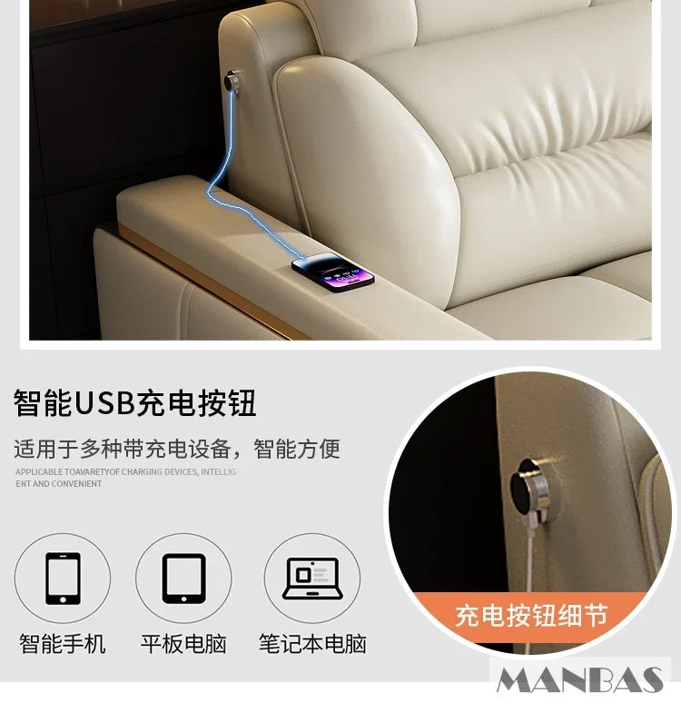 Premium Italian Genuine Leather Sectional Sofa Sets Couch Sofas with USB and Bluetooth Speaker - MANBAS Living Room Furniture