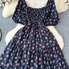 2024 New Summer Flower Print Long Dress Women Vintage Square Neck Ruched Chest Sash Bandage Sundress Party Vestidos