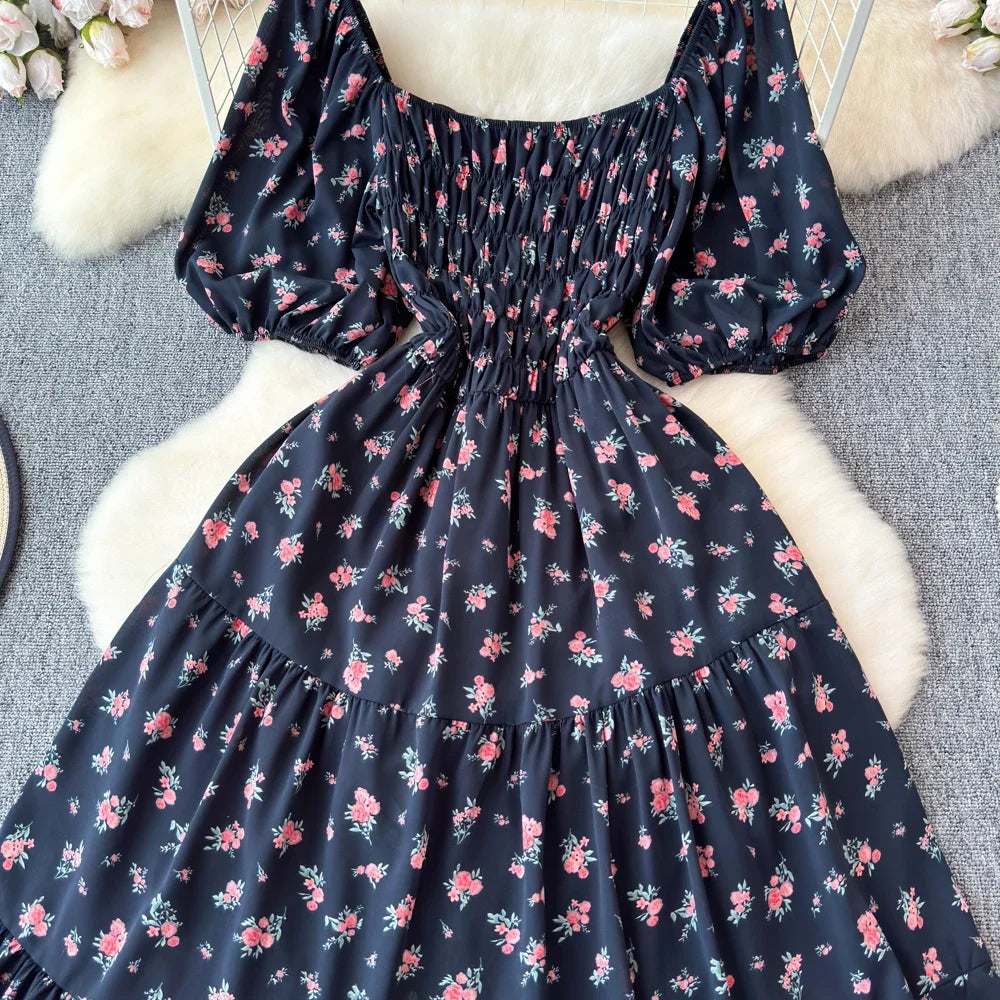 2024 New Summer Flower Print Long Dress Women Vintage Square Neck Ruched Chest Sash Bandage Sundress Party Vestidos