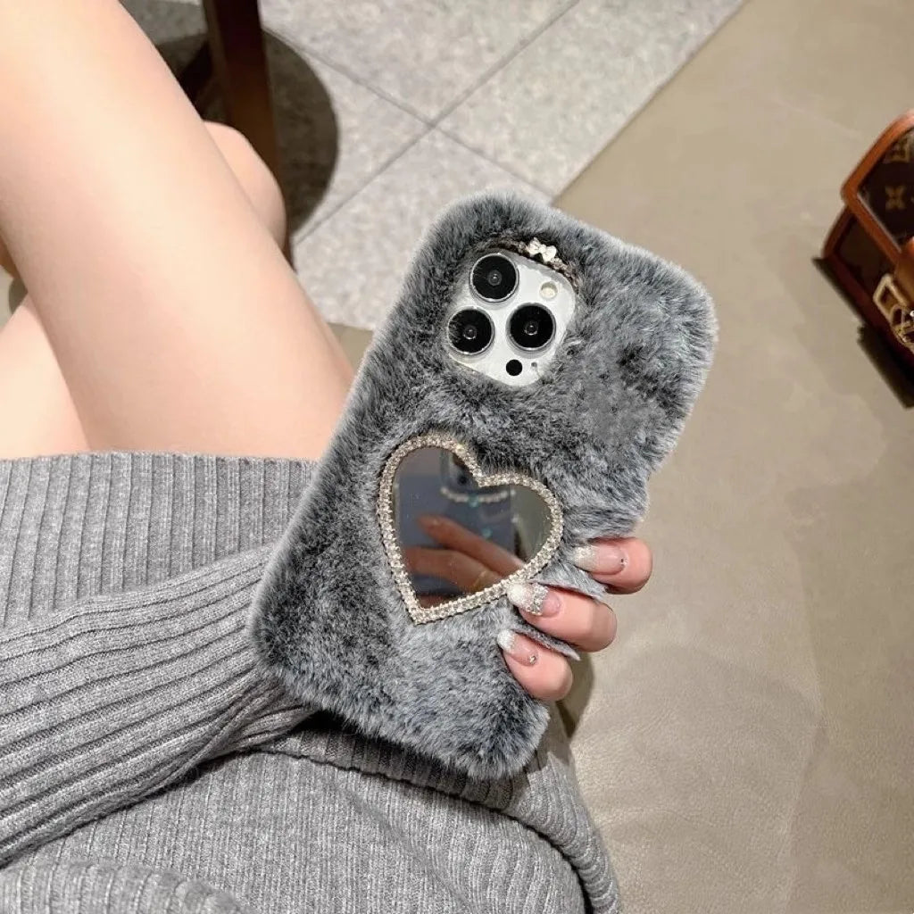 Plush Girl Mirror Case For iPhone 14 15 Pro Max 11 12 13 Pro Max Cosmetic Mirror Drop Protection Cover