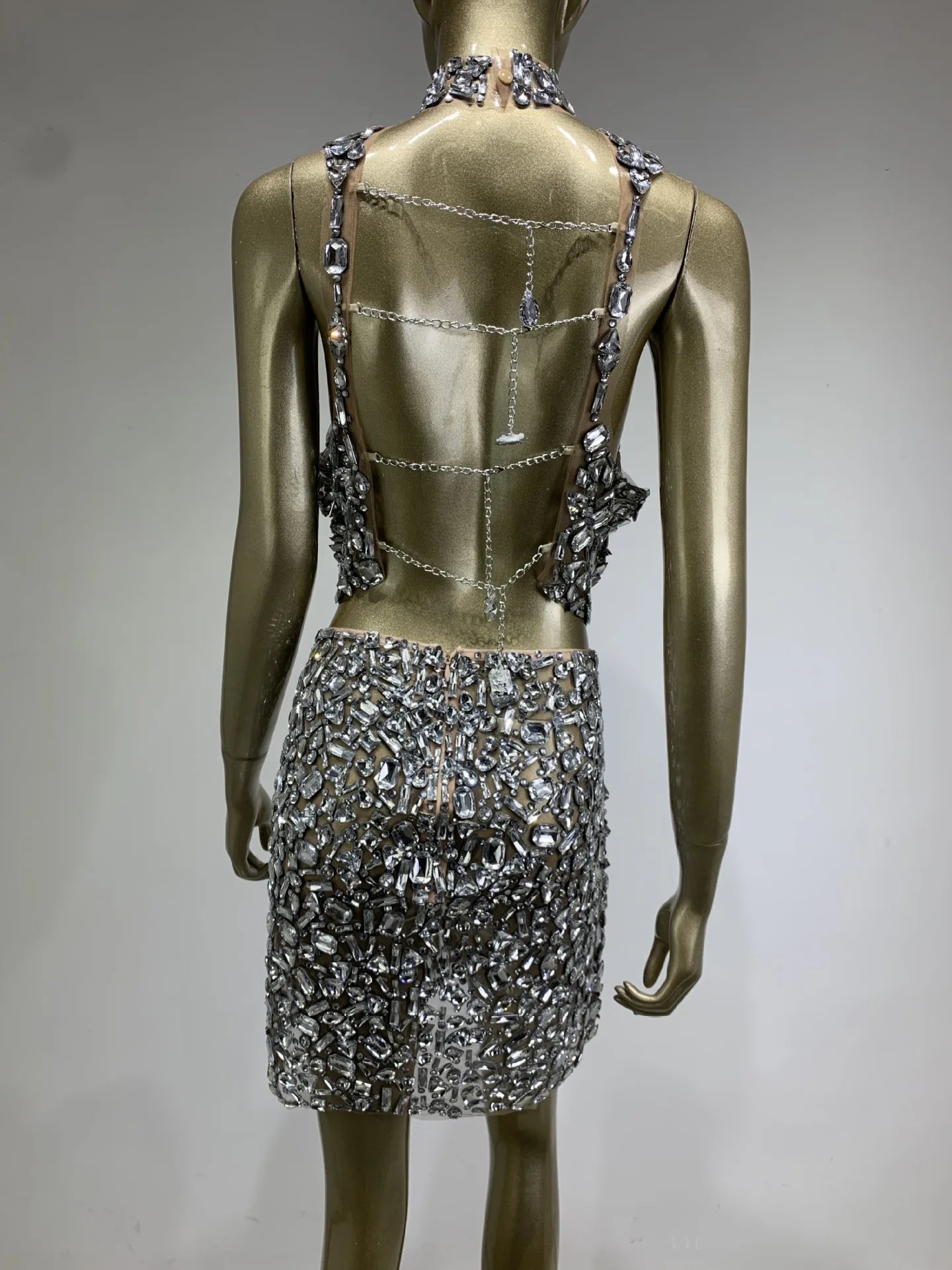 Sparkling Rhinestone Sexy Halter Backless Two-Pieces Set Birthday Evening Party Celebrate Stage Costume Nightclub Gown Dress
