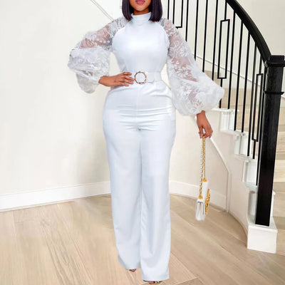 Elegant Jumpsuits & Rompers for Women O Neck Full Sleeve Belt Waisted Straight African Birthday Party Dinner Overalls Clothes OL