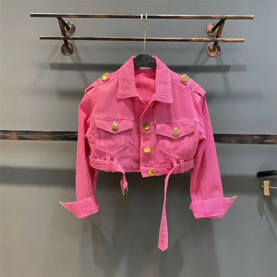 Girls' Rose Red Denim Jacket Spring and Autumn New Collection Solid Color Collar Metal Buckle Children's Fashion Short Coat