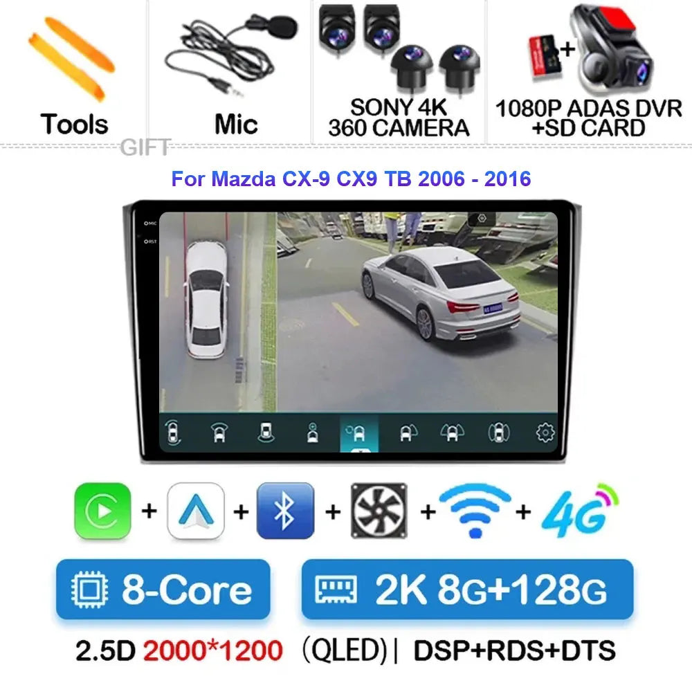 Android 14 Carplay Auto For Mazda CX9 CX-9 TB 2006 2007 2008 2009 2010 2016 Car Radio Multimedia Player Video Stereo WIFI+4G DSP