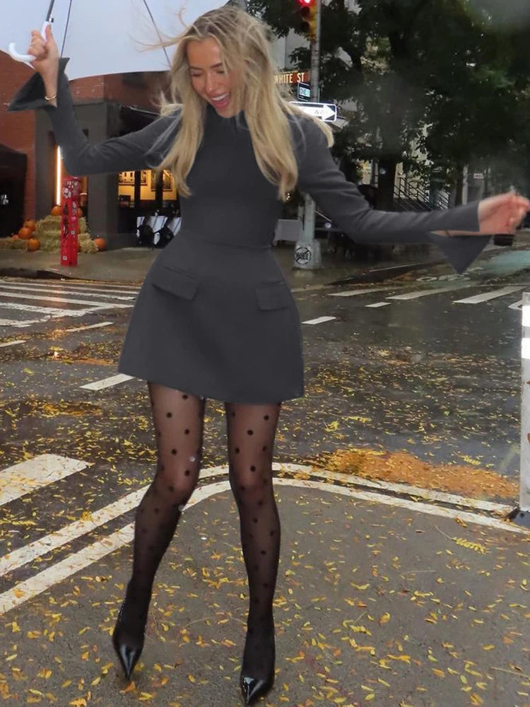 Dulzura Long Sleeves Zipper Bodycon Mini Dress With Pocket Solid Elegant Outfit Office Streetwear Women’S Autumn Winter Clothes
