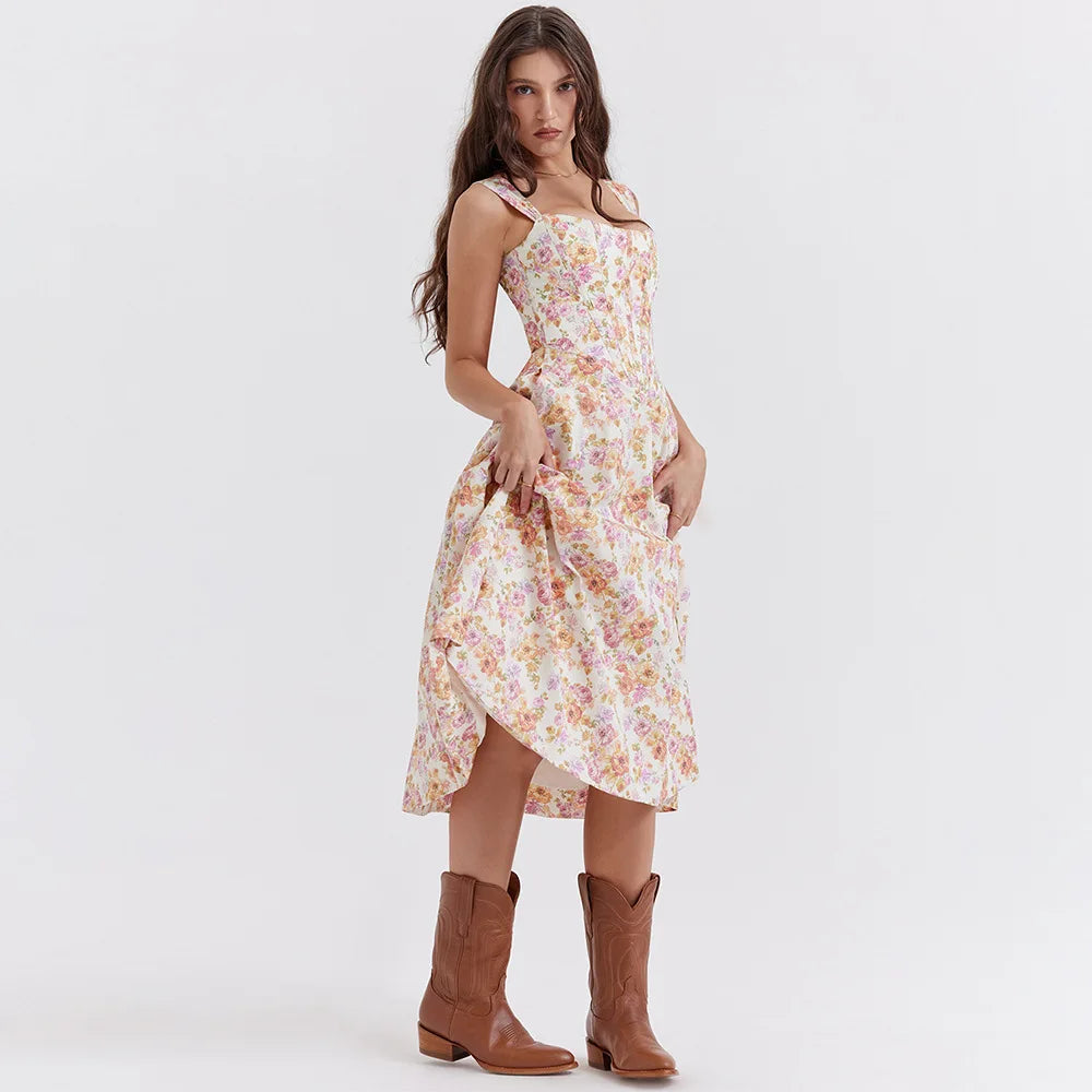 Suninheart Summer Pink Floral Print Corset Dress Midi Elegant Sexy Party Dresses Holiday Birthday Casual A Line Women Clothing